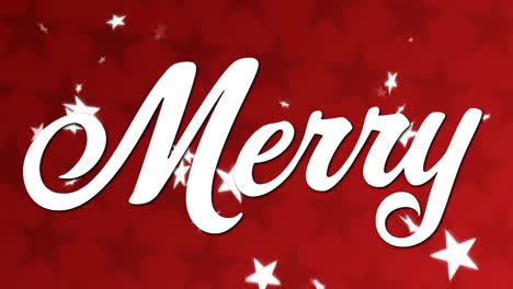 animation of merry text and snow falling over red background