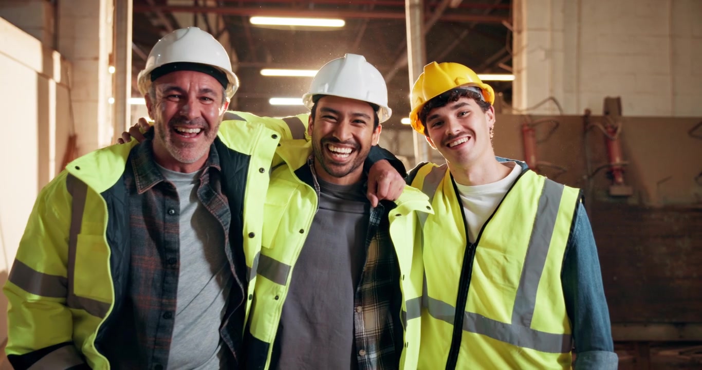 Three Diverse Construction Workers Laughing Together in a Warehouse