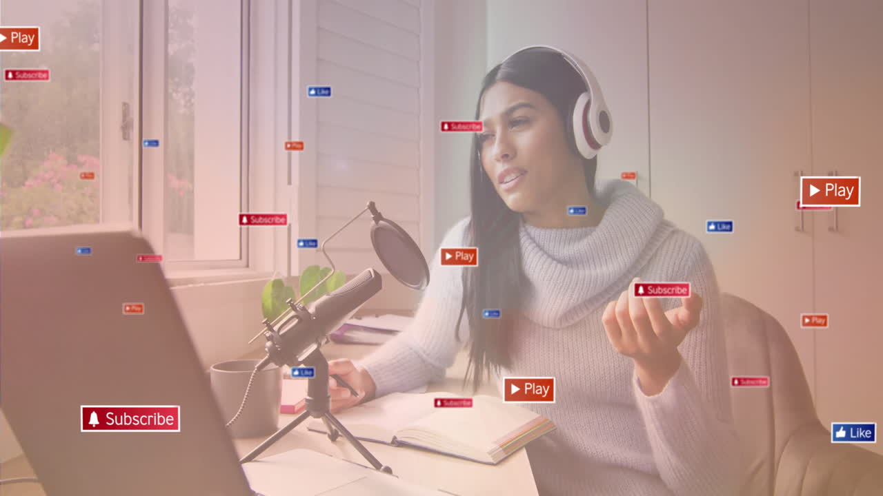 Recording podcast, woman wearing headphones with animation of social media icons