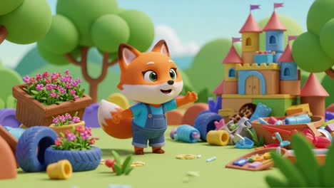 a joyful fox character in a colorful playful scene surrounded by toys and nature, engaging with a vibrant environment full of imagination and fun