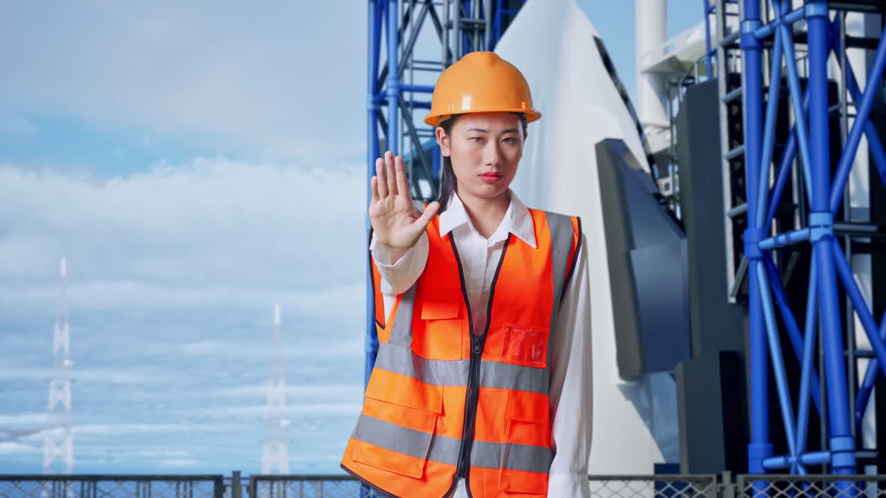 여성 엔지니어가 우주 로켓 발사장에서 멈추는 몸짓을 하고 있습니다.