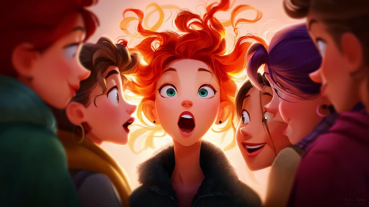 A vibrant group of animated friends gathers around an enthusiastic central character, showcasing expressive reactions and lively hairstyles, set against a warm, glowing backdrop