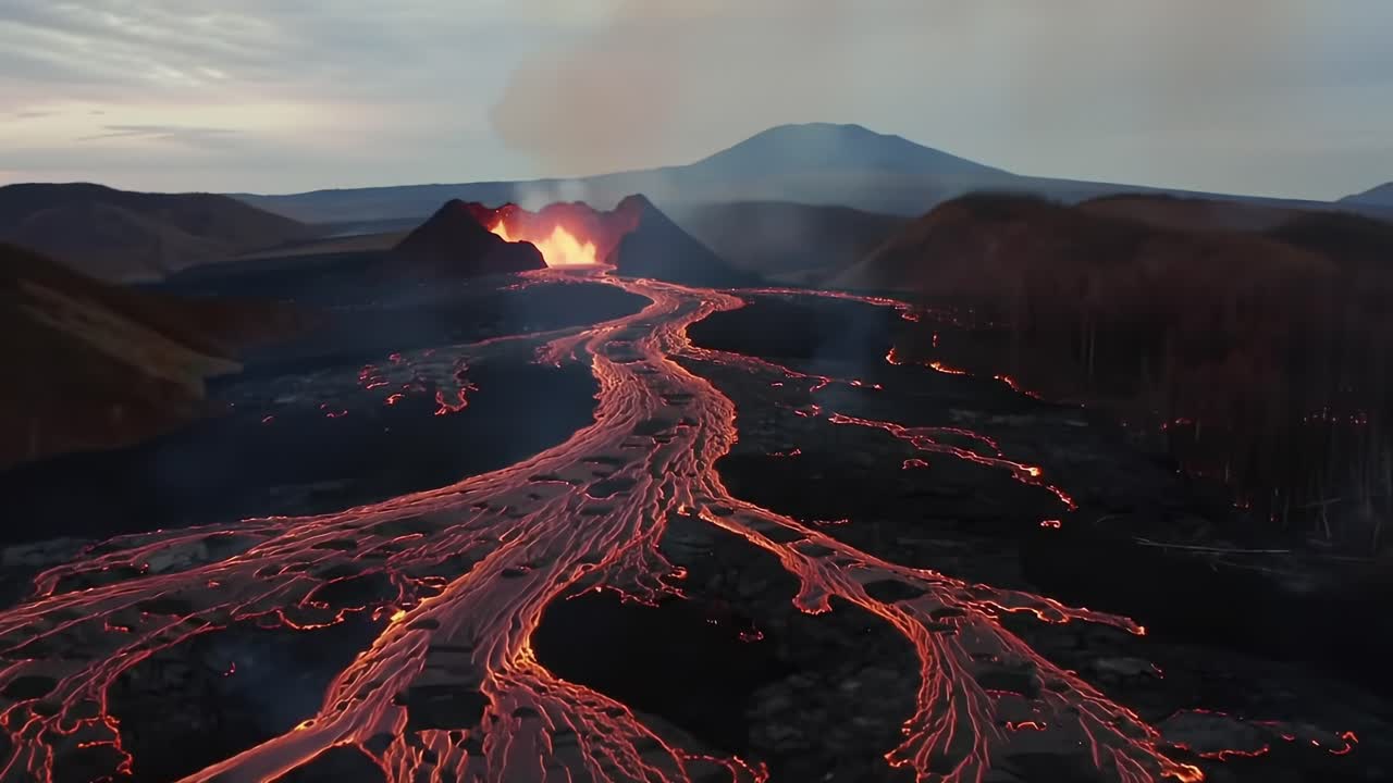 Spectacular Flowing Lava River Erupts from Volcanic Crater, Illuminating Dramatic Landscape with Fiery Oranges and Reds at Dusk, Showcasing Nature's Raw Power and Beauty