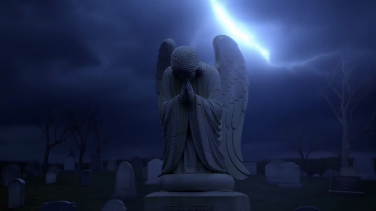 Statua di Angelo Piangente in Cimitero Notturno, Fulmini Squarciano il Cielo Tempestoso, Guardiano Addolorato Inginocchiato in Preghiera.
