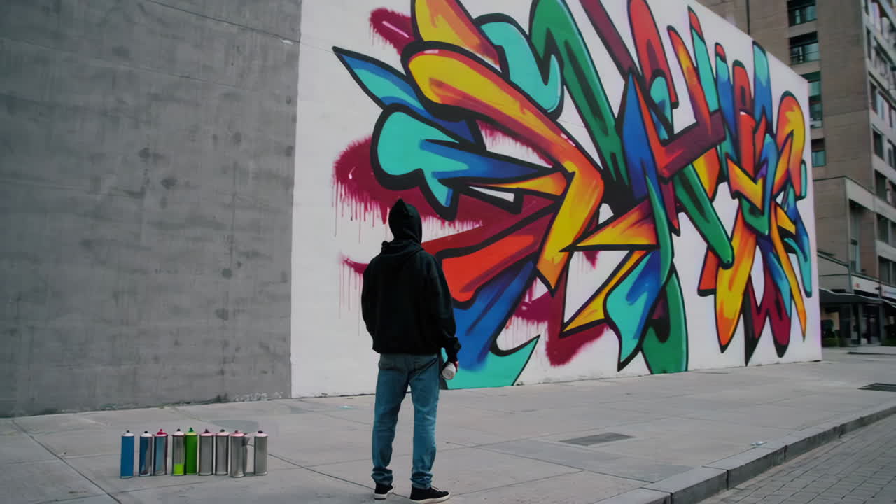 Artista di strada crea un murale di graffiti