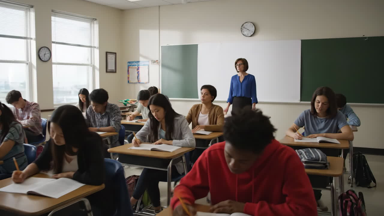 escena del aula con estudiantes y maestros
