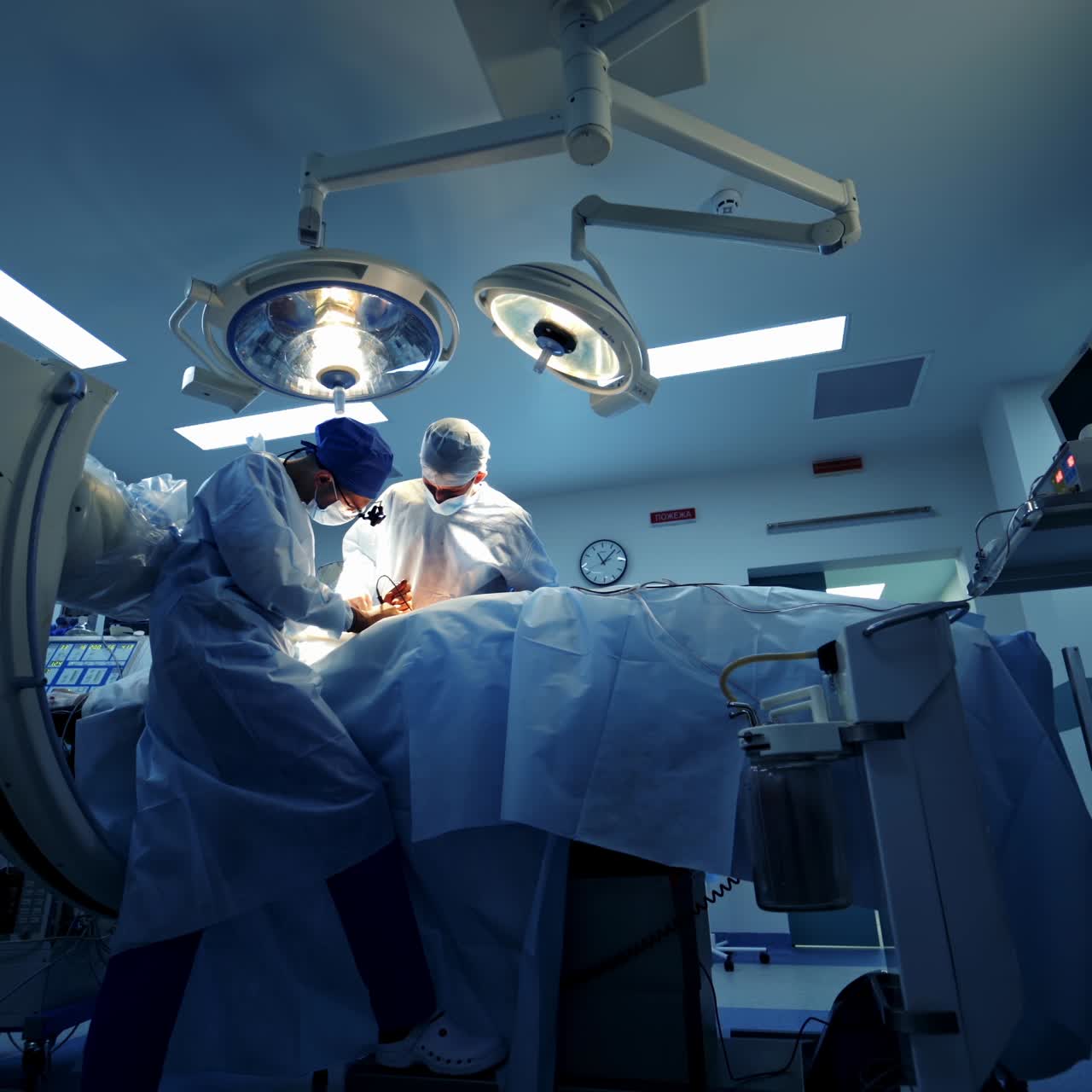 Sala operatoria in ospedale con attrezzature di tecnologia robotica. Sala operatoria futuristica. Innovazione chirurgica, chirurgia robotica medica con endoscopia