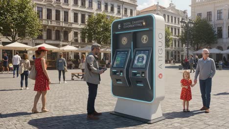 A Modern Digital Kiosk Experience in a Vibrant Public Square: Families and Individuals Engaging with Innovative Technology in a Beautiful Urban Environment