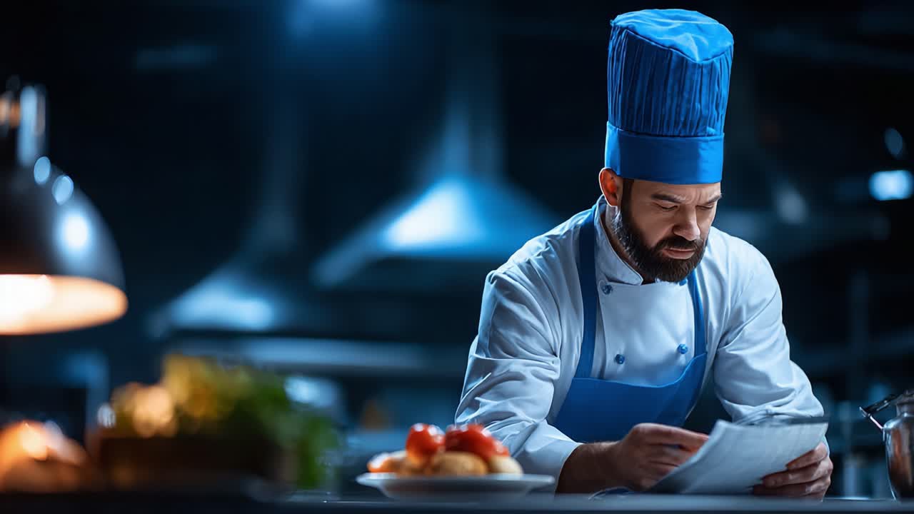Focused Chef Examines Recipe in Professional Kitchen, Concentrating on Culinary Excellence and Preparing for an Exciting Culinary Creation Amidst Modern Equipment