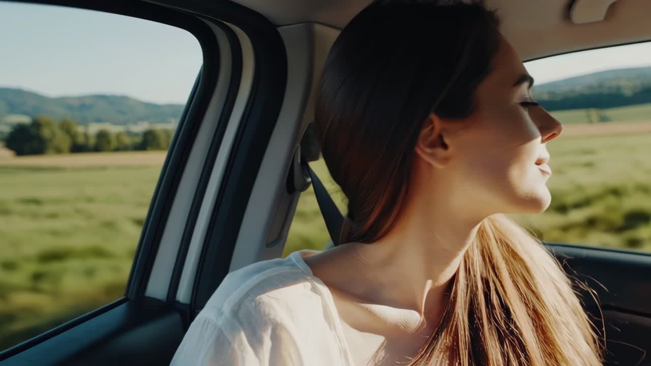 Woman with hair blowing in wind enjoying car ride through scenic countryside