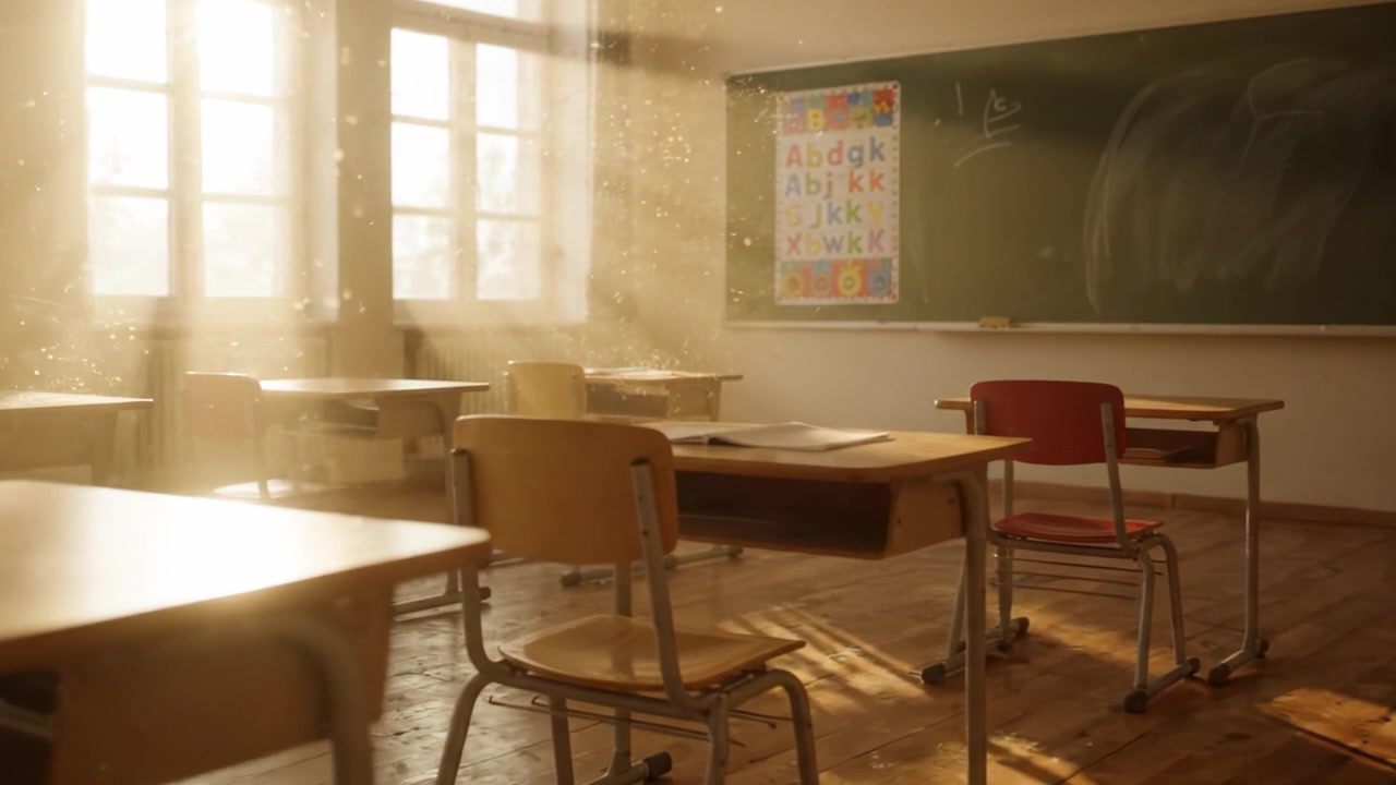 A Serene Classroom Bathed in Natural Light, With Dust Particles Dancing in the Atmosphere, Evoking a Sense of Learning and Discovery