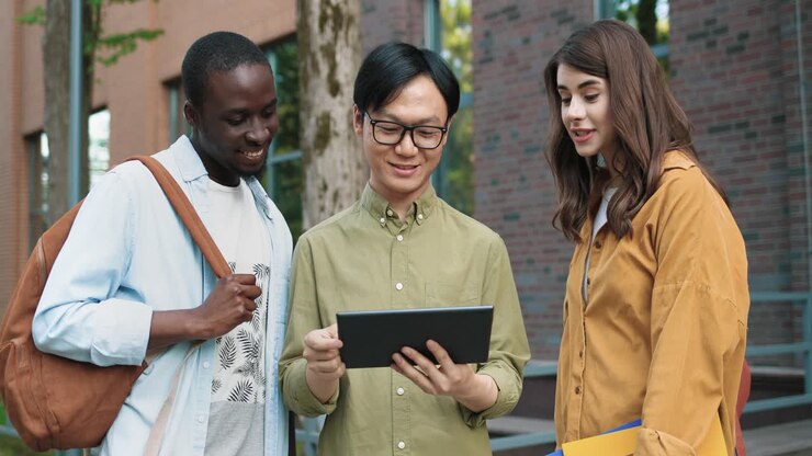 Camera zoom out on caucasian woman, asian and african american students talking while looking at the tablet in the street near the college