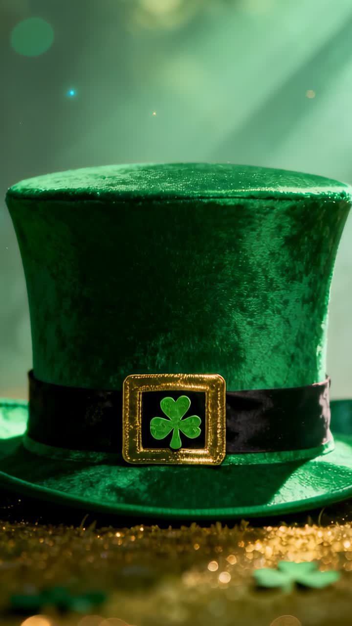 Vertical video: Cam zooming to green top hat on table, showing gold shamrock buckle and confetti