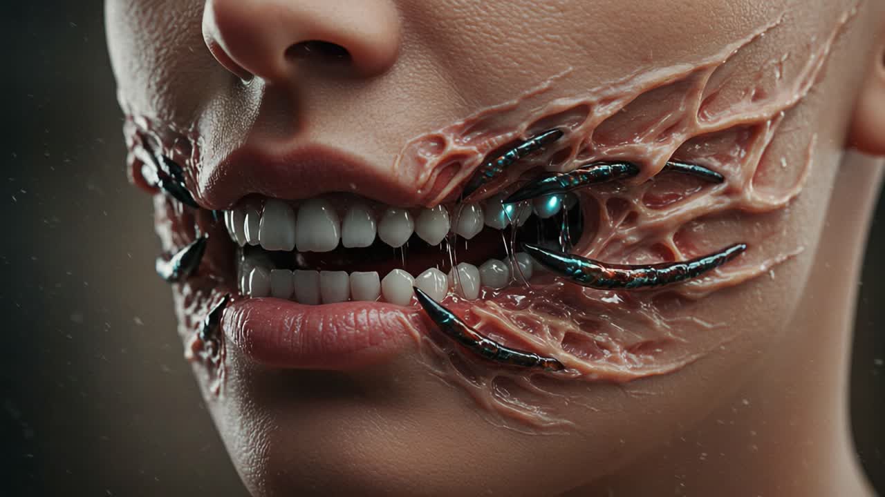 A Visually Striking Transformation: The Merging of Organic and Mechanical Elements in a Fascinating Display of Futuristic Features