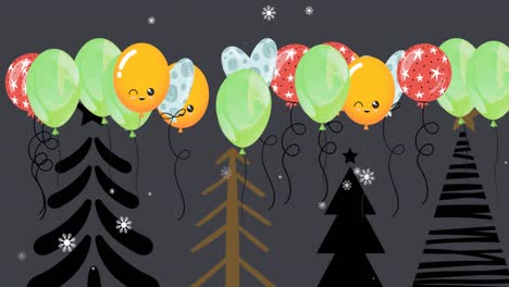 Animation-of-balloons-and-snow-over-trees-on-grey-background