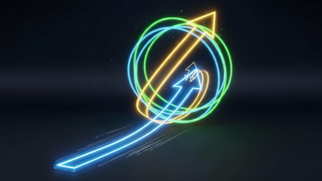 Dynamic Progression: A Glowing Arrow Surrounded by Radiant Spins Symbolizing Growth and Advancement in a Digital World