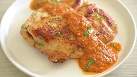Filete de pollo a la parrilla con salsa de curry rojo - estilo de comida musulmana