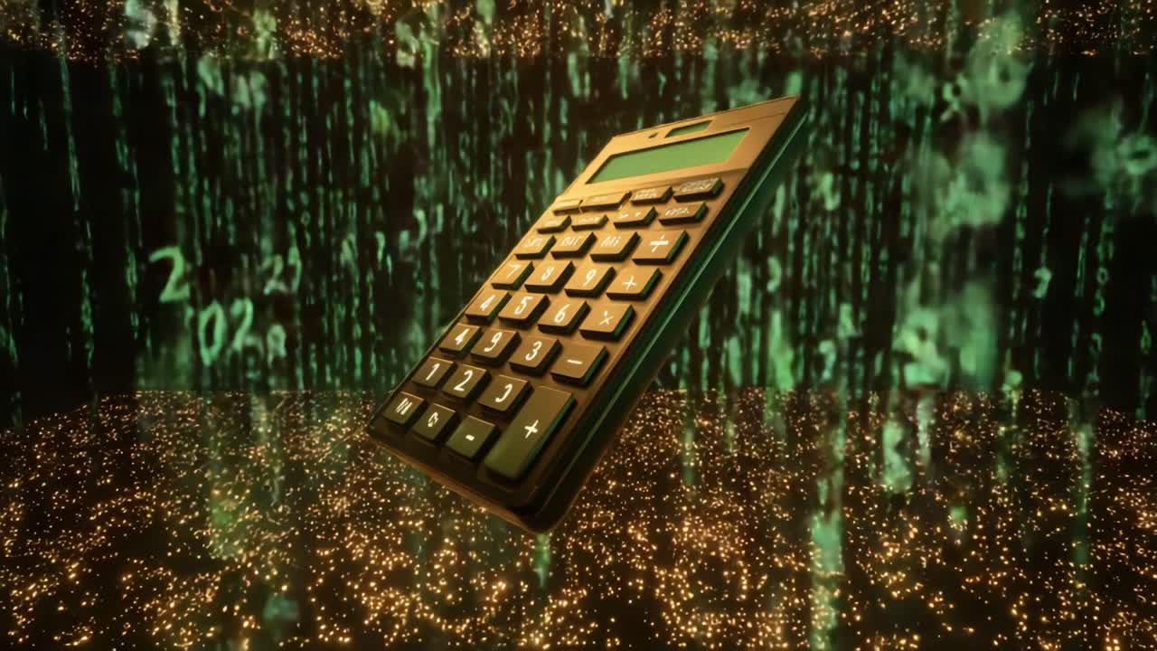 Digital representation of finance and technology with a calculator floating in a digital space filled with glowing numbers and a green matrix code, symbolizing modern accounting and e commerce