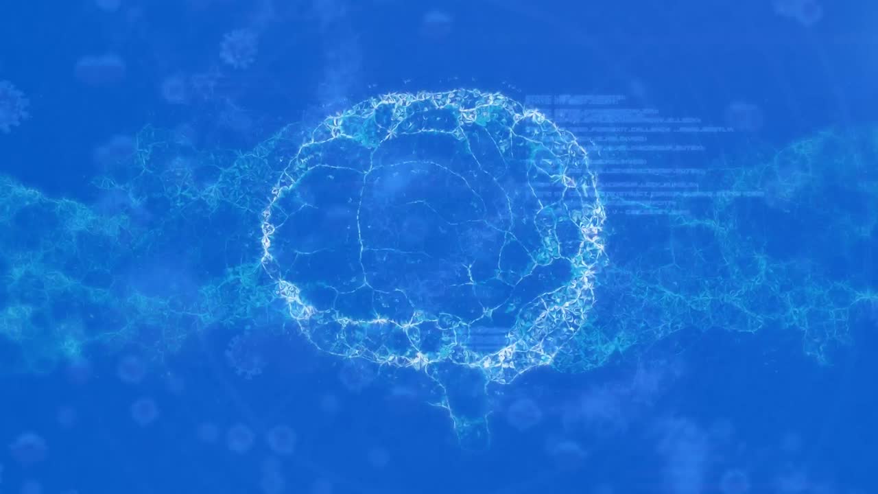 Animation of dna strand, covid 19 cells over human brain and data processing on blue background