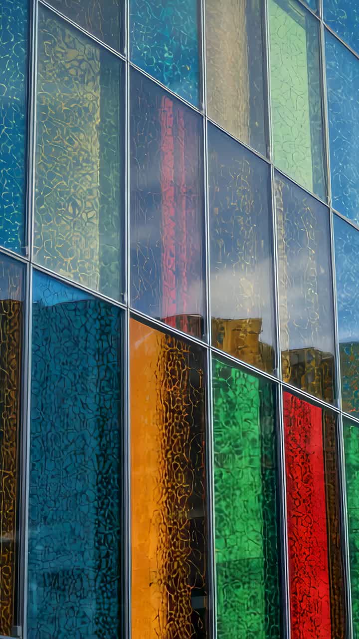 Vertical video: Operator starting cam panning facade up street, revealing colored glass reflections