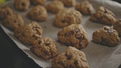 soft and chewy oatmeal chocolate chip cookies on baking tray with parchment paper