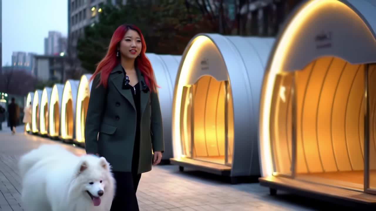 A Joyful Stroll Through an Urban Park at Dusk with a Beautiful Samoyed Dog and a Woman in Stylish Attire, Illuminated Pods in the Background Enhance the Atmosphere