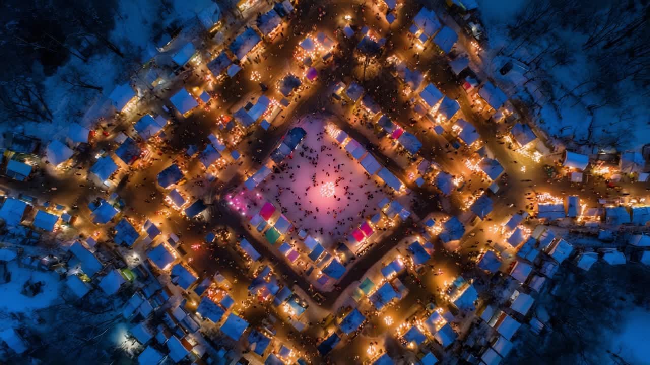 Aerial view of a vibrant winter festival illuminated with colorful lights and crowded market stalls, creating a stunning geometric pattern amidst a snowy landscape at nighttime, capturing vibrancy and community spirit