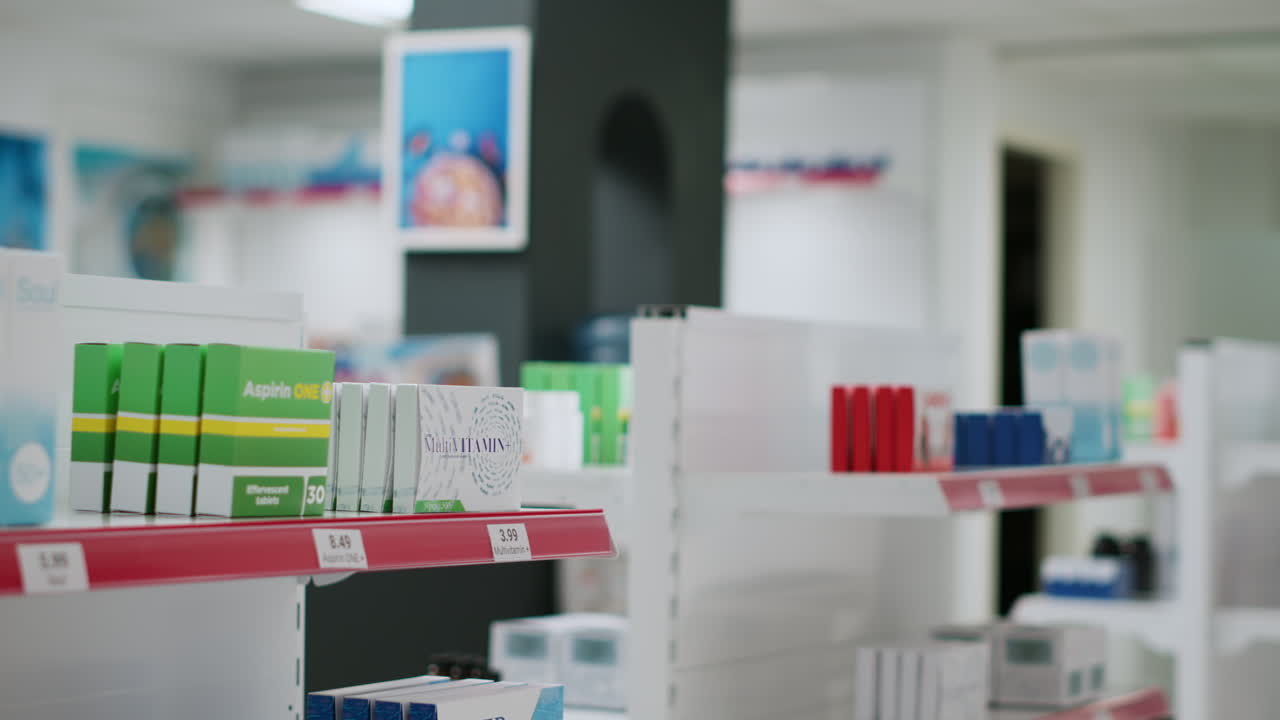 Pharmacy shelves with medication