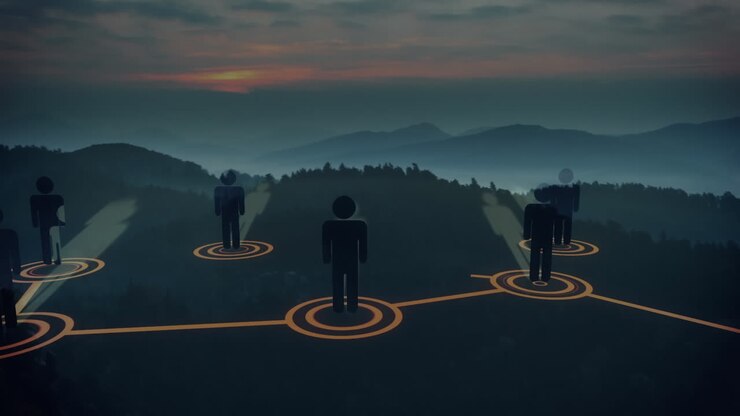 Animation of networks of connections with icons over landscape