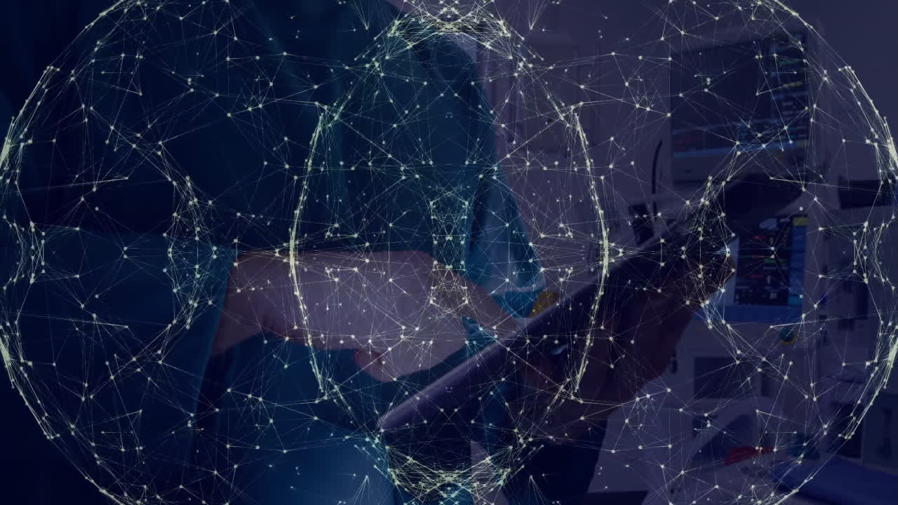 man holding tablet standing in technology office, displaying glowing network nodes and code charts