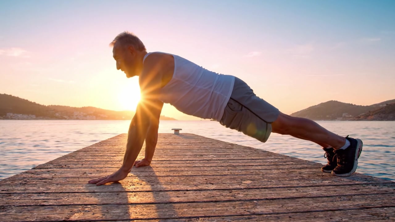 A dedicated older man performing push-ups on a serene wooden dock at sunset, showcasing strength and determination amidst a breathtaking natural backdrop.