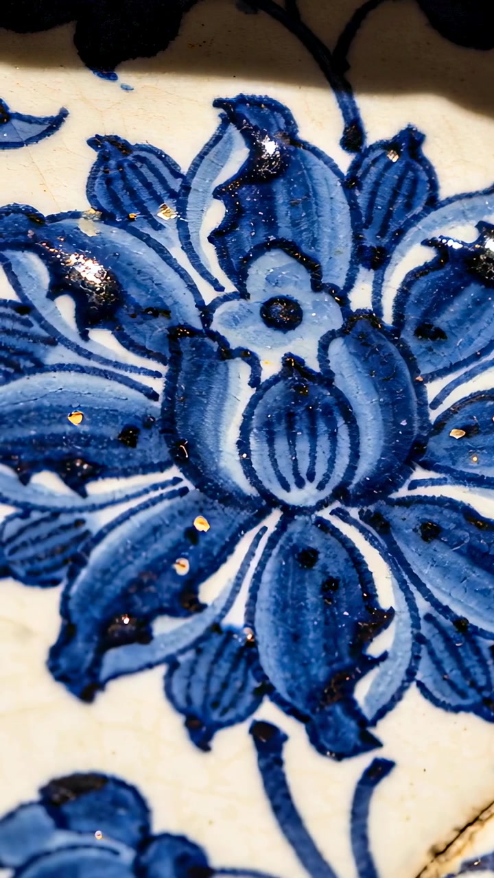 Video vertikal: Kamera bergerak memperlihatkan motif bunga biru yang dilukis di studio, menunjukkan retakan halus.