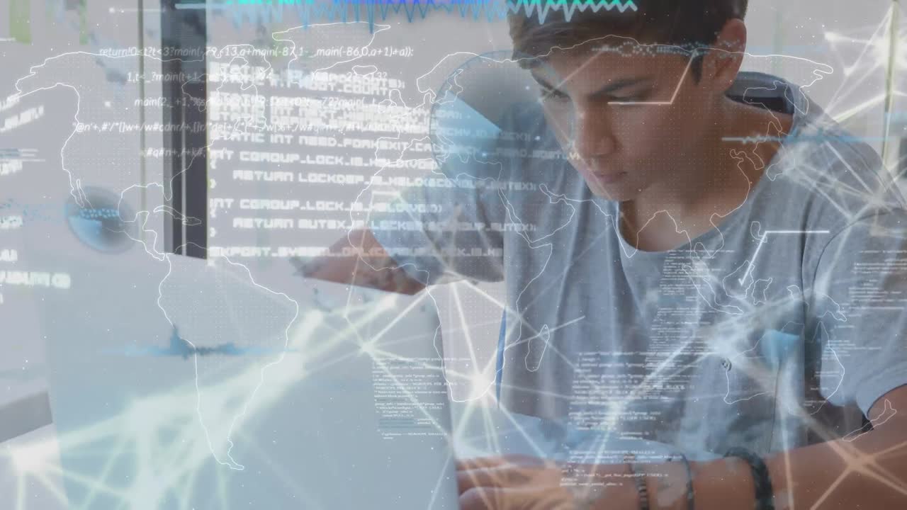 animación del mapa del mundo y conexiones sobre un adolescente caucásico con una computadora portátil
