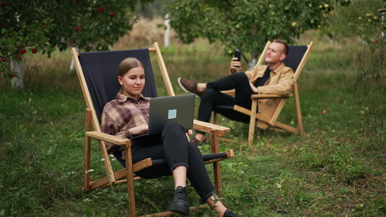 Chilling relaxed people working remotely on their laptops. Male and female sitting in the garden working as freelancers.