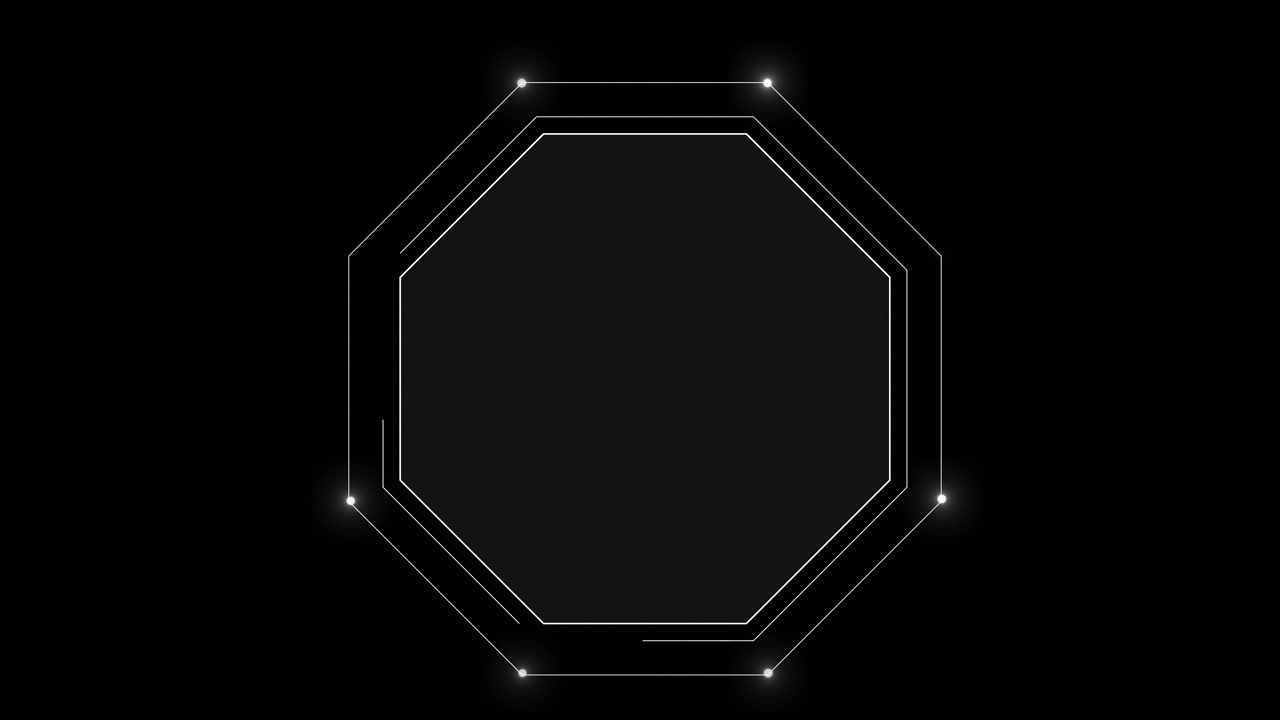Minimal geometrik sekizgen çerçeve, ince hatları parlıyor, düğümler, geniş koyu merkez, portre teknolojisi