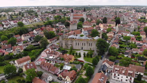 aerial view of town of visby with red roof houses and small streets