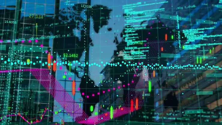Animation of data processing over world map and modern buildings