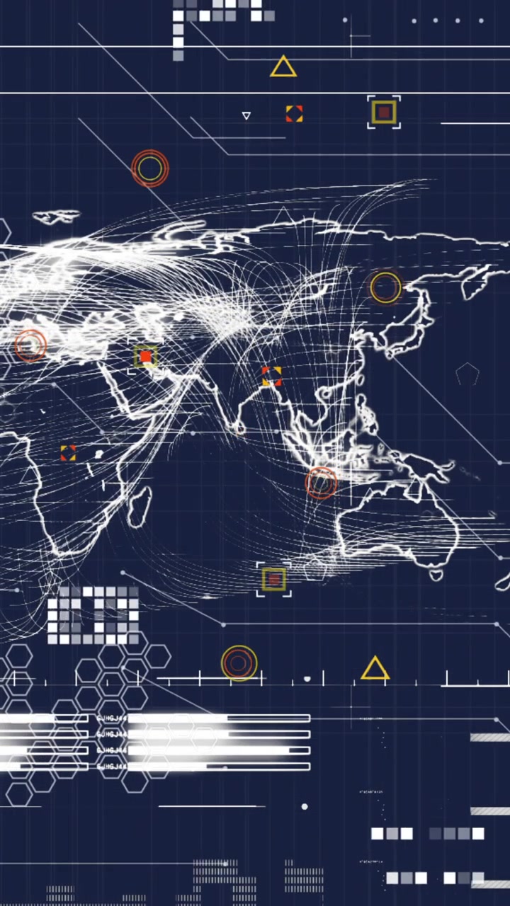 Animation of interface with world map and data processing against blue background