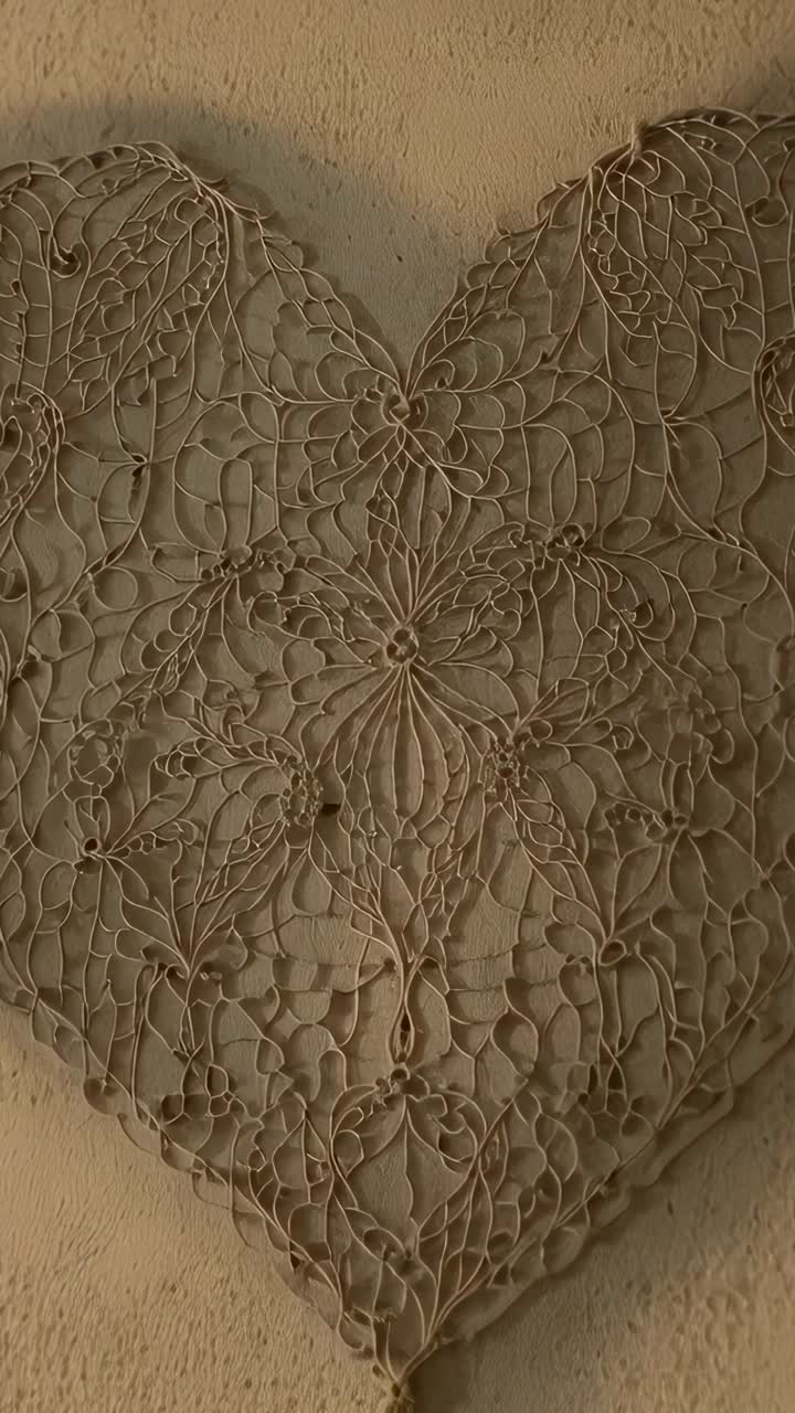Vídeo vertical: cámara en movimiento que revela un corazón de ganchillo colgado en casa, con iluminación cálida para dar detalle
