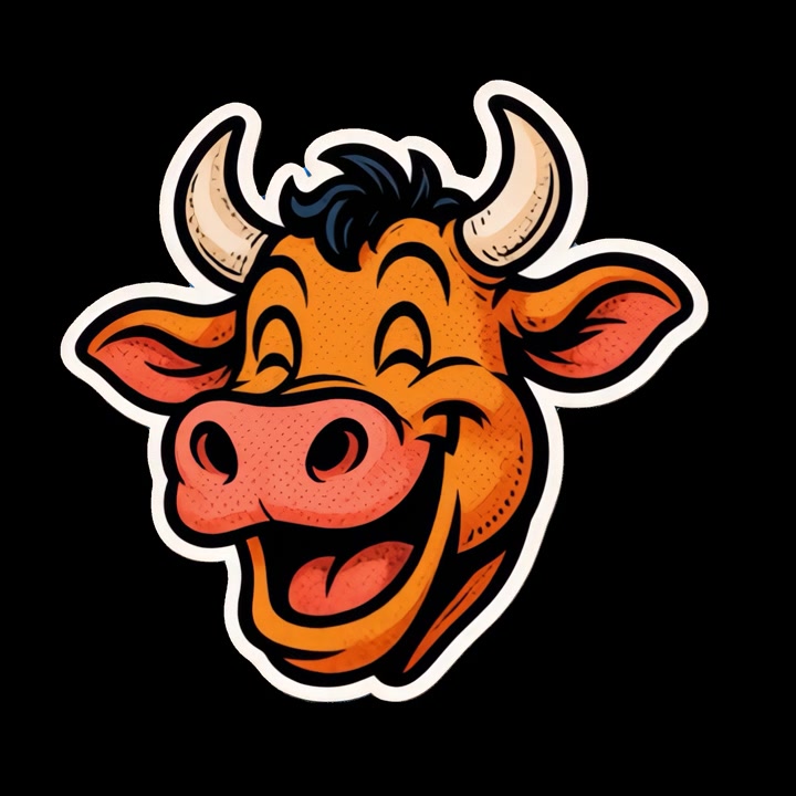 Testa di mucca da cartone animato felice e sorridente su sfondo nero
