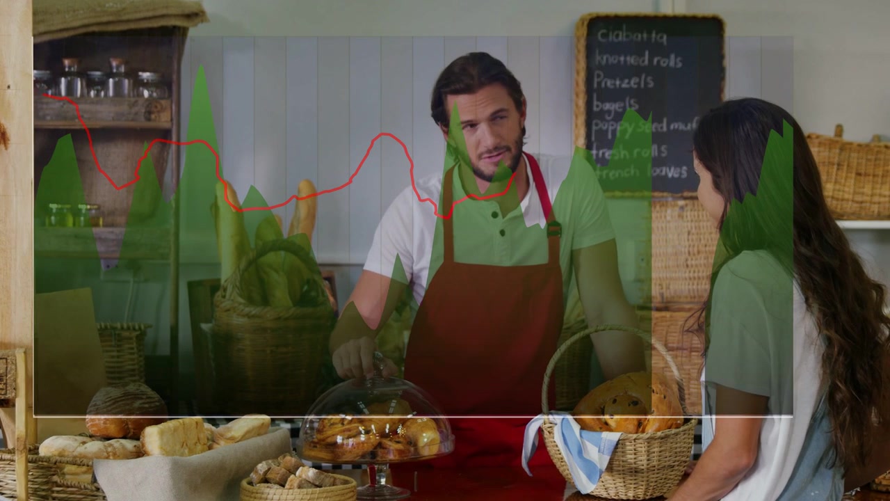 Cliente acercándose al mostrador de la panadería, el panadero levantando una cúpula de cristal y revelando pasteles para la compra.