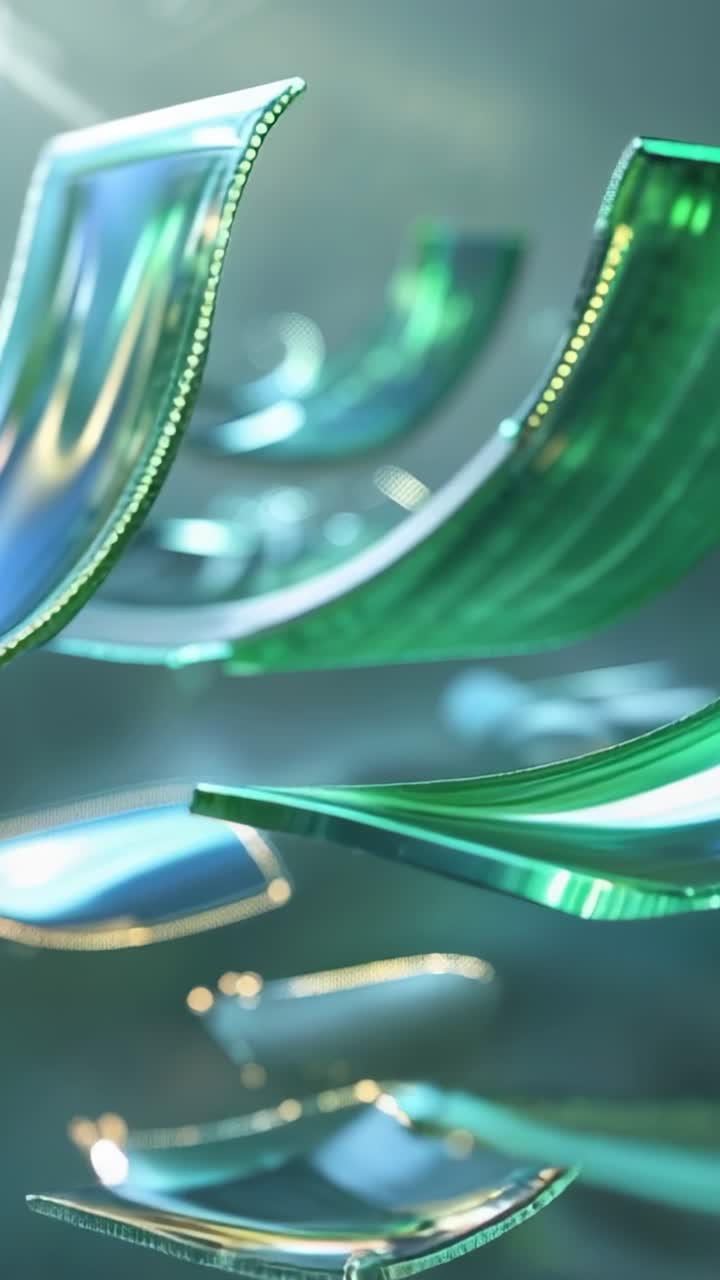 Vertical video: Moving camera approaching ribbon in studio, showing dotted edge glow, copy space