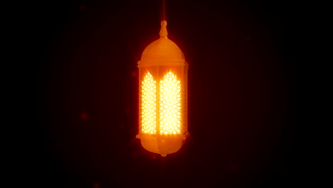 glowing celebration lantern hanging from ceiling on dark background. ramadan kareem islamic motion background. 3d loopable animation.