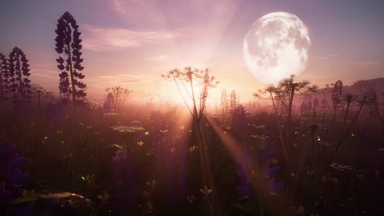 Un video ripreso da una angolazione bassa cattura un sereno campo di fiori selvatici al tramonto con la luna piena che sorge, Live