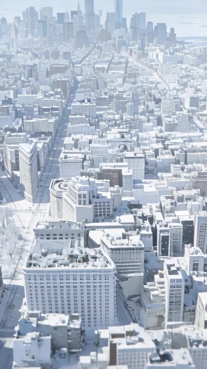 Video vertical: Dron iniciando paneo sobre tejados urbanos nevados, HVAC y avenida revelando el horizonte.