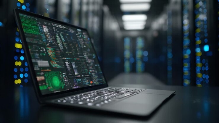 A Modern Laptop Displaying Complex Data Analytics in a High-Tech Server Room Environment: Examining Digital Insights and Technological Advancements in Computing