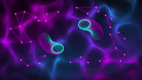 Animation-of-neon-shapes-and-purple-lines-on-black-background