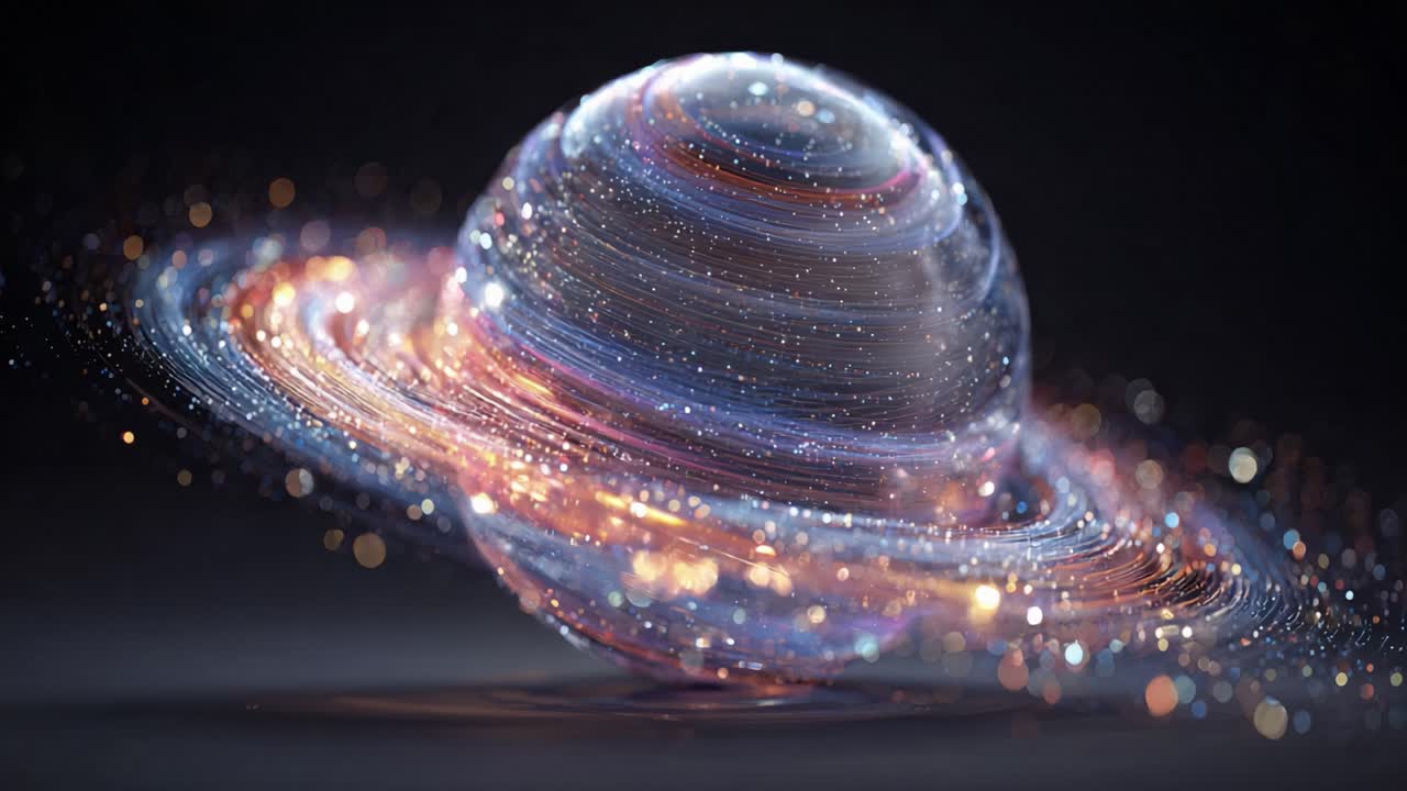 Glowing abstract sphere with swirling rings of particles and light trails rotating on a reflective surface. Futuristic technology and cosmic energy concept animation on a dark background