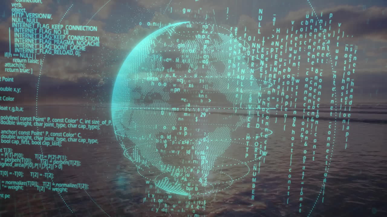 Holographic 3D globe floating above ocean horizon, projecting cascading code streams in neon teal