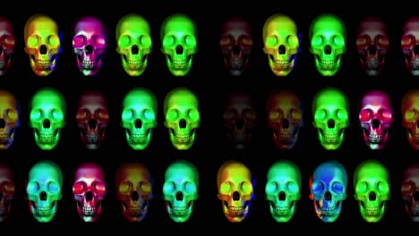 animation of human skulls, sliding and blinking horizontally in three rows, colorful presentation, dark background good for blending with alpha matte option